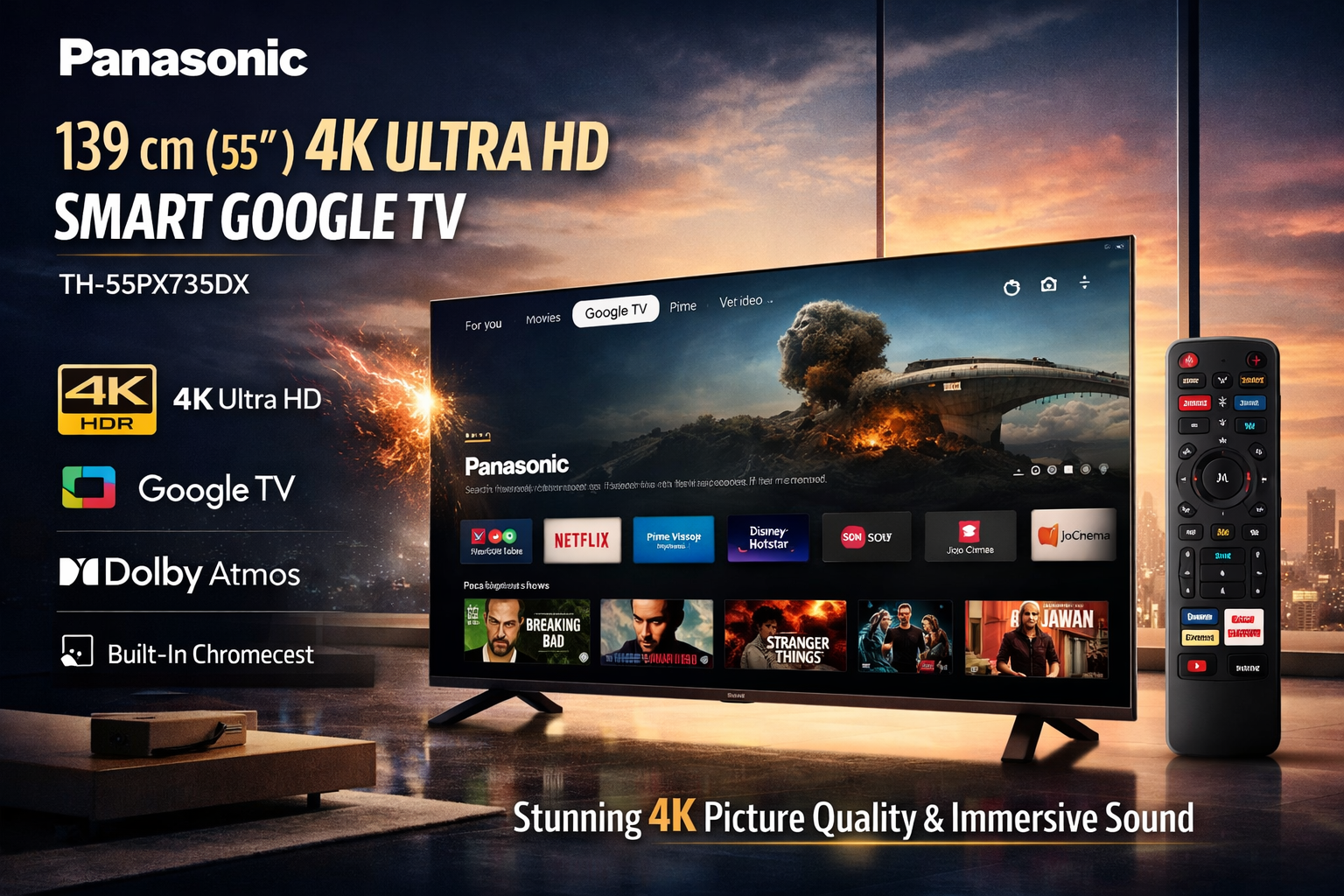 Panasonic 139 cm (55 inch) 4K Ultra HD Smart LED Google TV (TH-55PX735DX, Black)