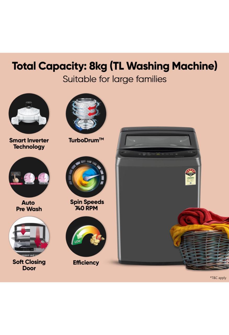 LG 8 KG Fully Automatic Top Load Washing Machine T80VBMB1Z — a smart, energy-efficient fully automatic top-load washer from LG