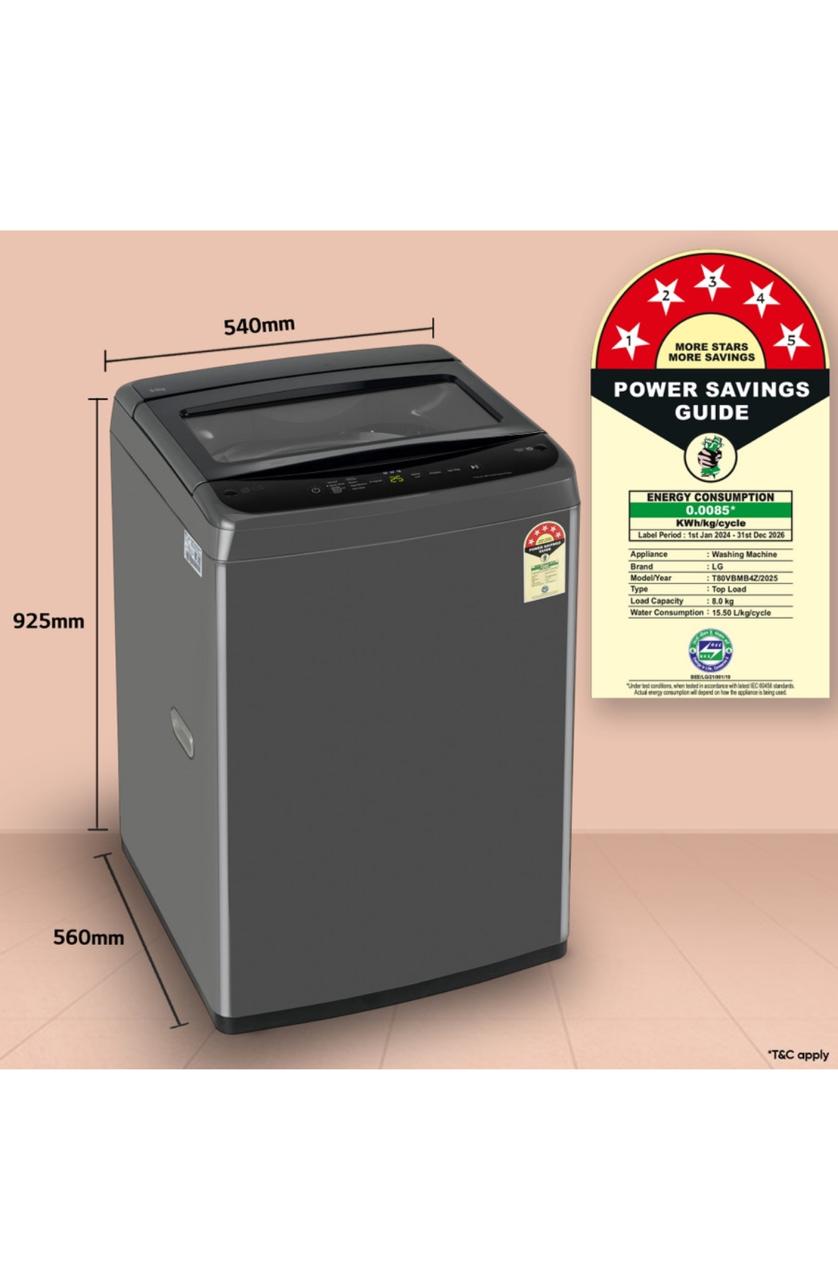 LG 8 KG Fully Automatic Top Load Washing Machine T80VBMB1Z — a smart, energy-efficient fully automatic top-load washer from LG