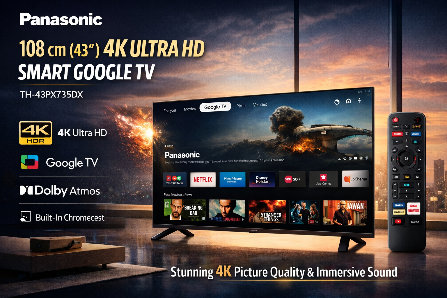 Panasonic 108 cm (43 inch) 4K Ultra HD Smart LED Google TV (TH-43PX735DX, Black)