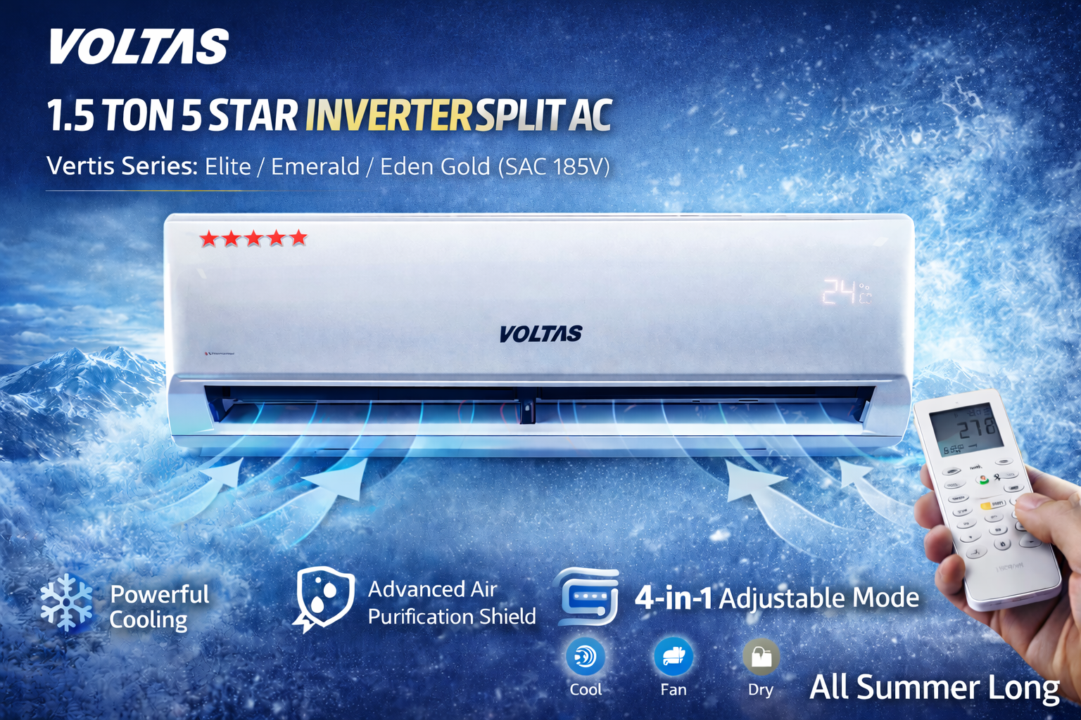 Voltas 1.5 Ton 5 Star Inverter Split AC (SAC 185V Vertis Series: Elite / Emerald / Eden Gold))