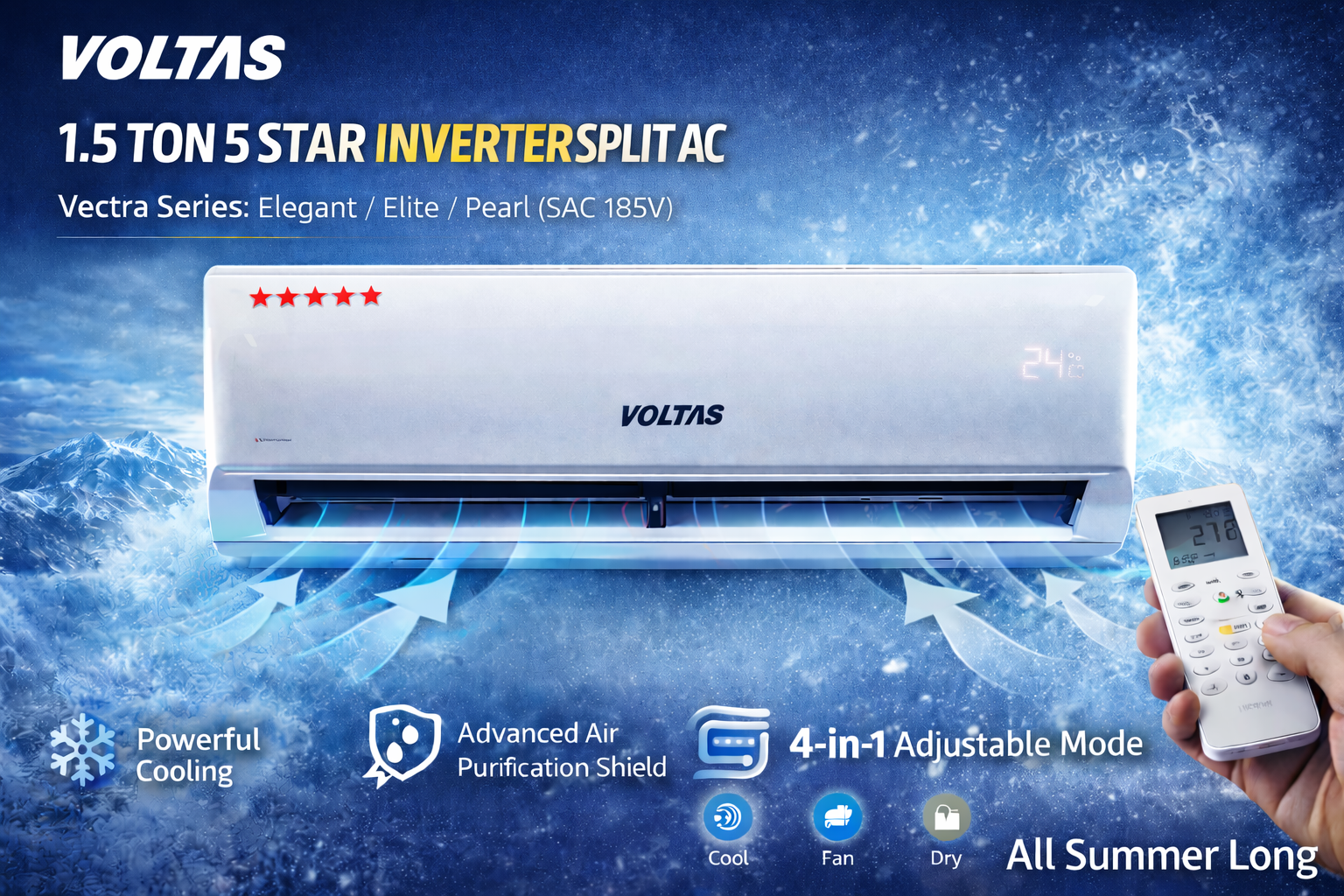 Voltas 1.5 Ton 5 Star Inverter Split AC (SAC 185V Vectra Series: Elegant / Elite / Pearl)