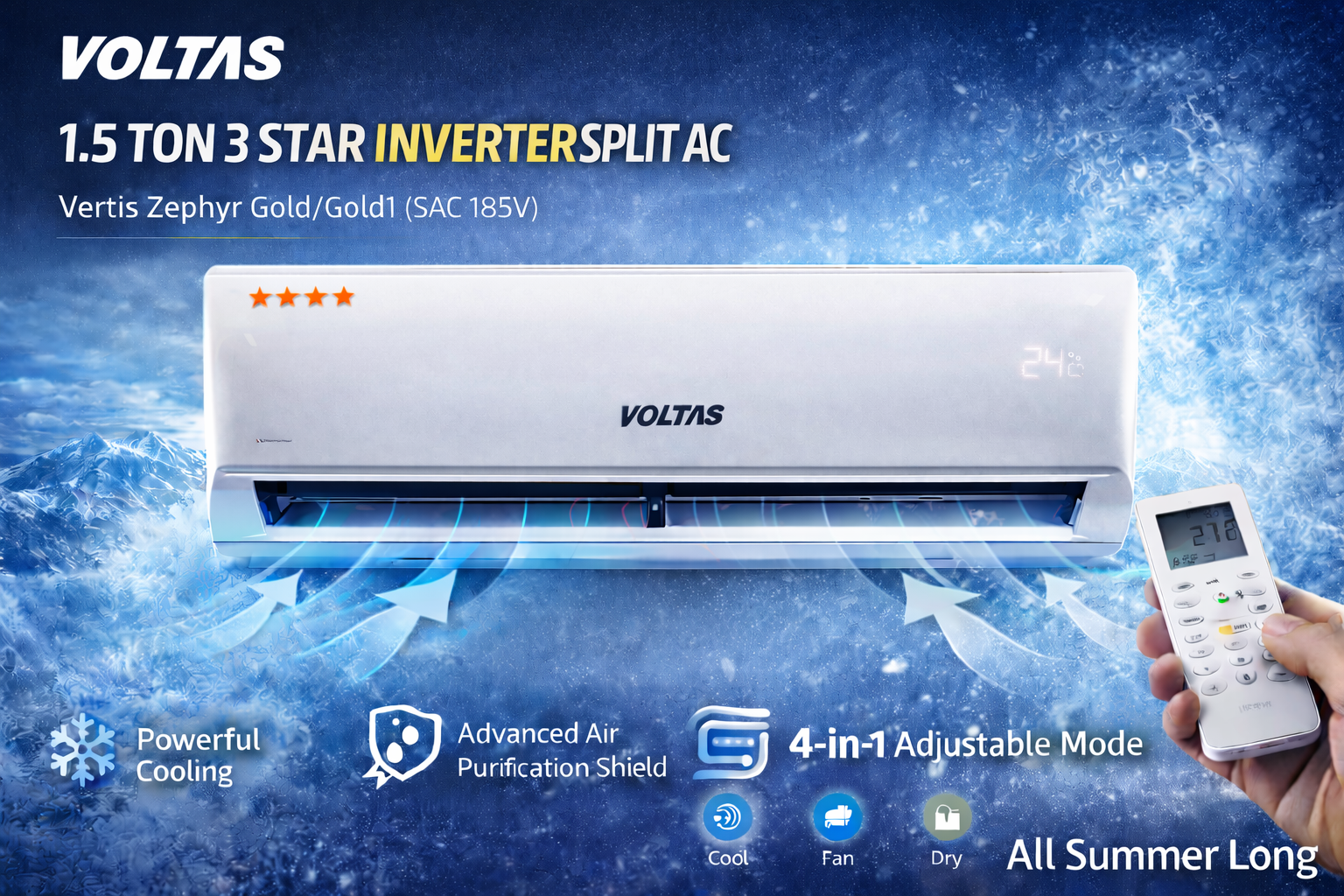 Voltas 1.5 Ton 3 Star Inverter Split AC (SAC 183V Vertis Zephyr Gold/Gold1)