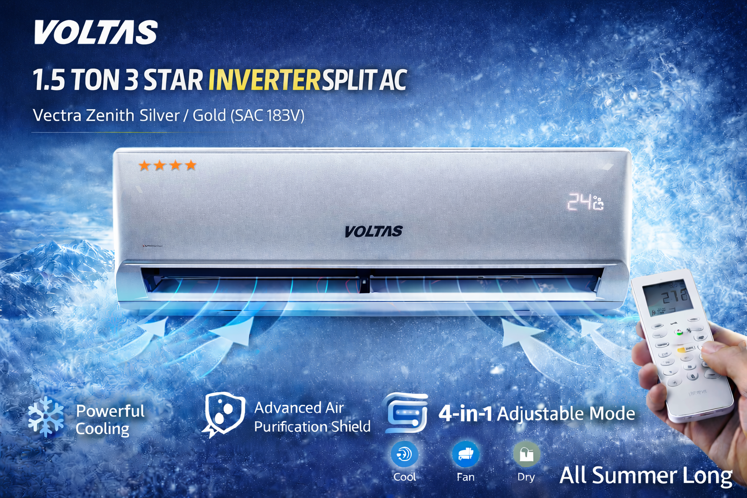 Voltas 1.5 Ton 3 Star Inverter Split AC (SAC 183V Vectra Zenith Silver / Gold)