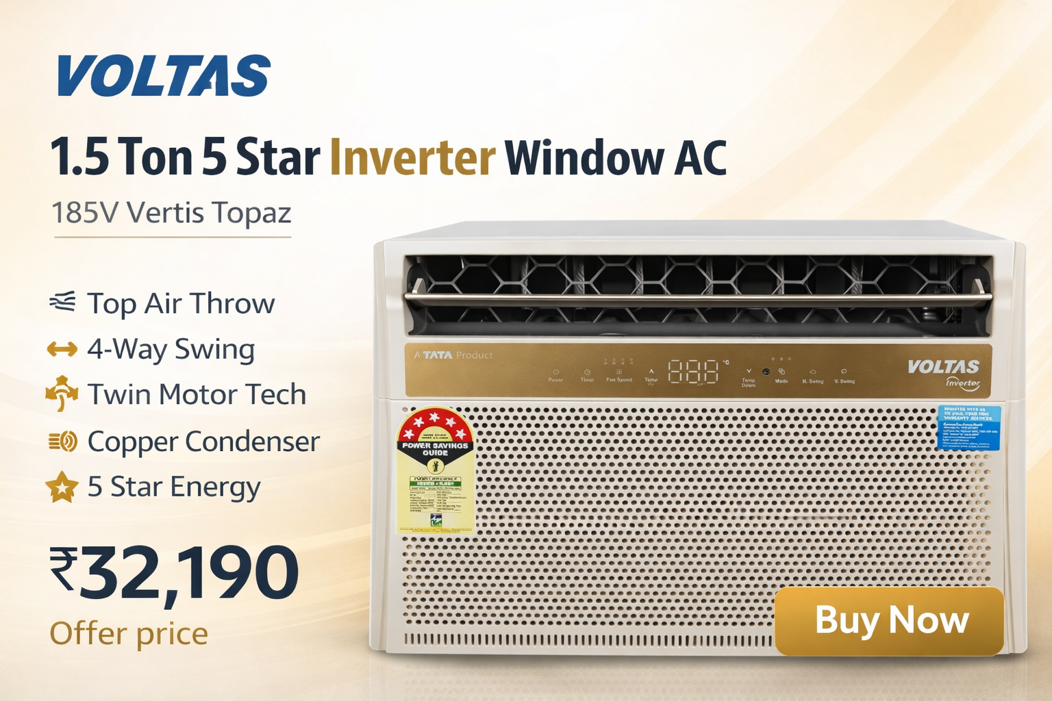 Voltas 1.5 Ton 5 Star Inverter Window AC (185V Vertis Topaz, White/Gold)