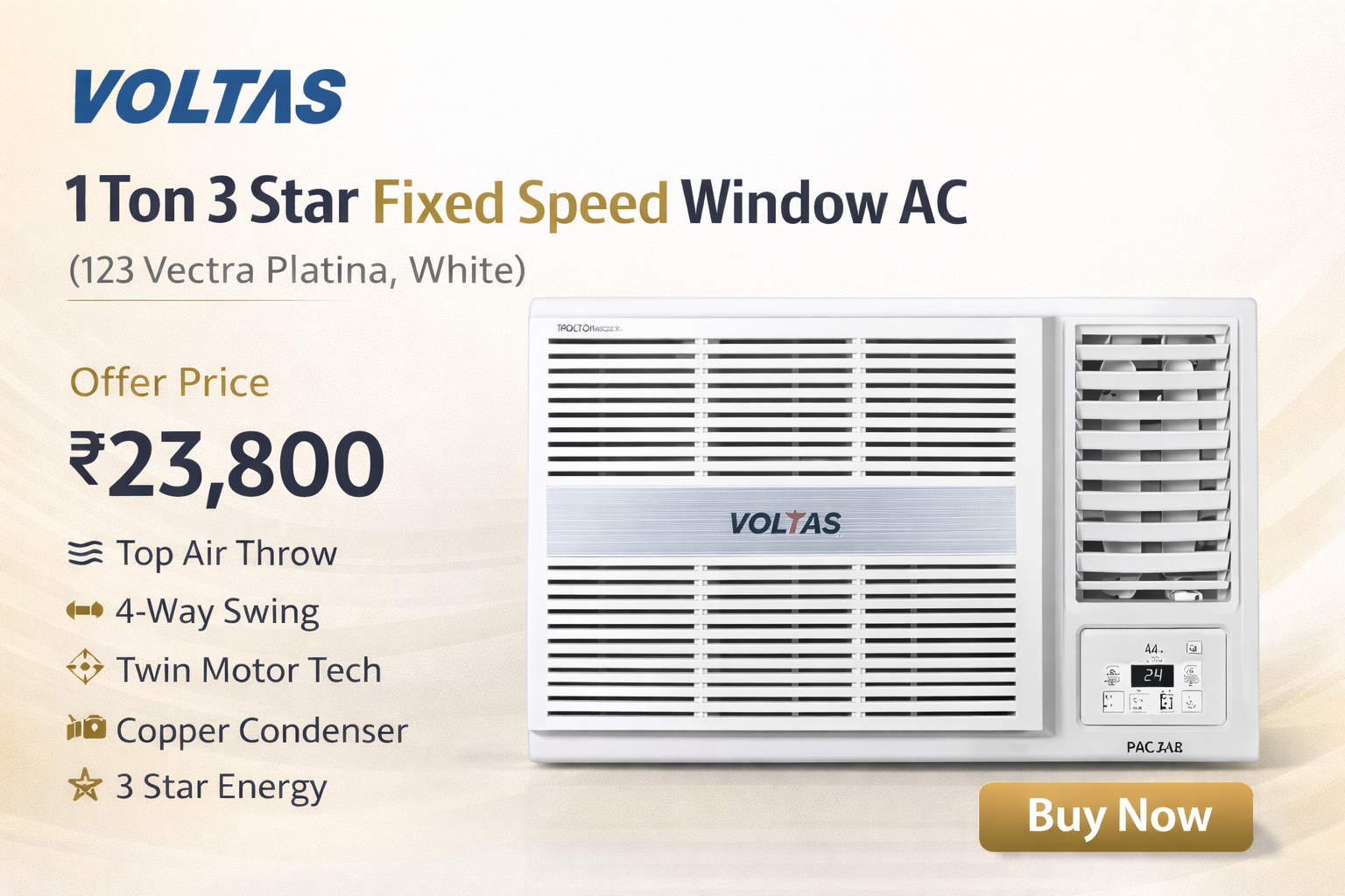 Voltas 1 Ton 3 Star Fixed Speed Window AC (123 Vectra Platina, White)
