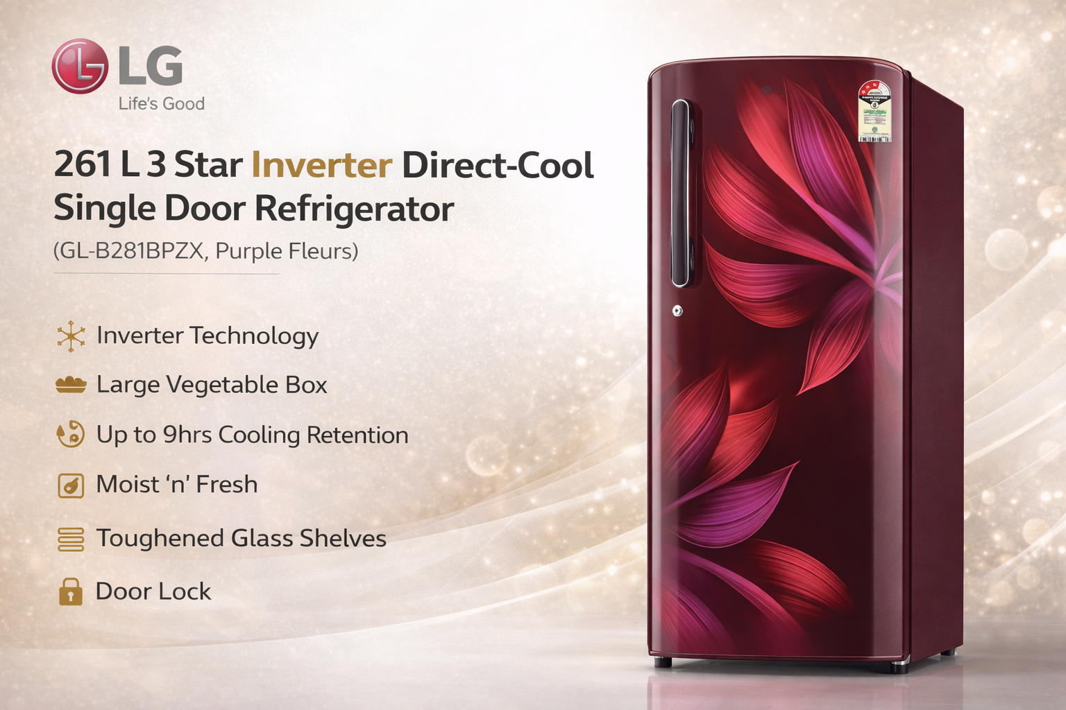 LG 261 L 3 Star Inverter Direct-Cool Single Door Refrigerator (GL-B281BRWX, Red Water Lily)