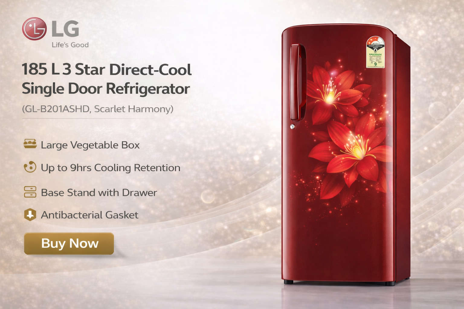LG 185 L 3 Star Direct-Cool Single Door Refrigerator (GL-B201ASHD, Scarlet Harmony)