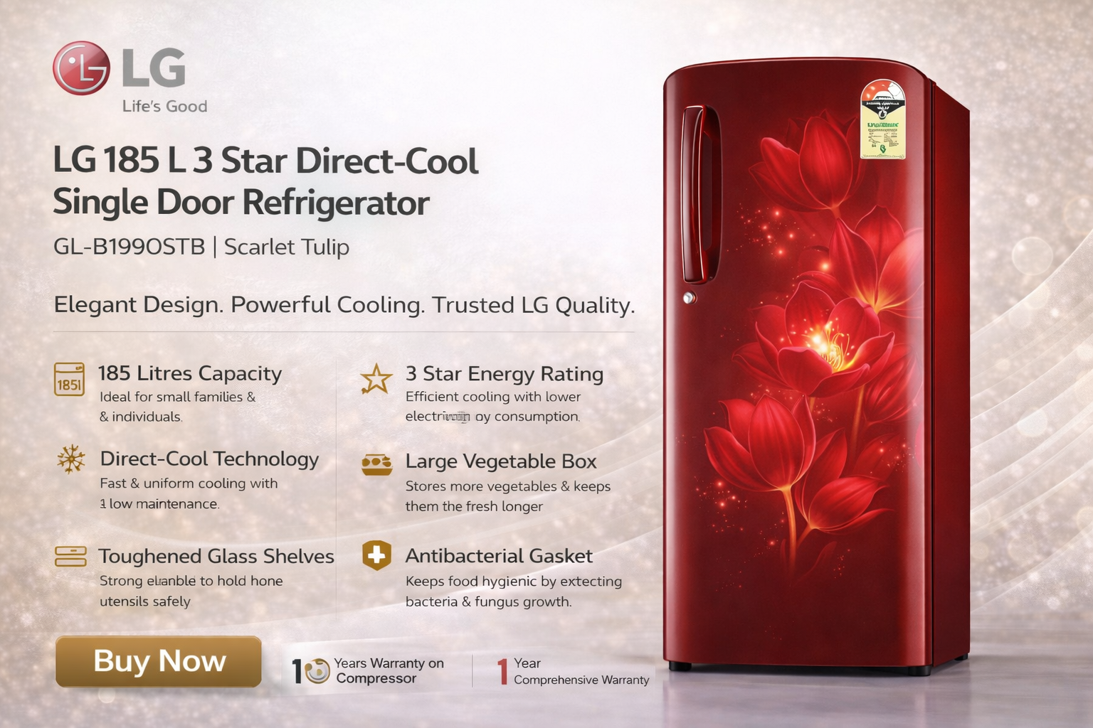 LG GL-B199OSTB is a 185-liter single-door refrigerator designed for small families or individuals. It features a modern Scarlet Tulip finish and is built for efficient cooling with minimal maintenance.