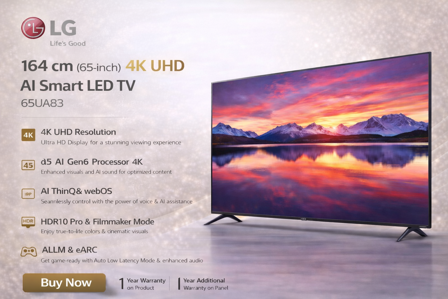 LG 164 cm (65 inch) 4K UHD AI Smart LED TV – 65UA83