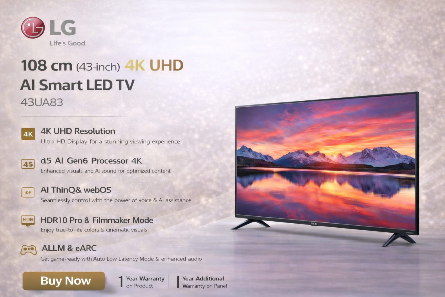 LG 108 cm (43 inch) 4K UHD AI Smart LED TV – 43UA83