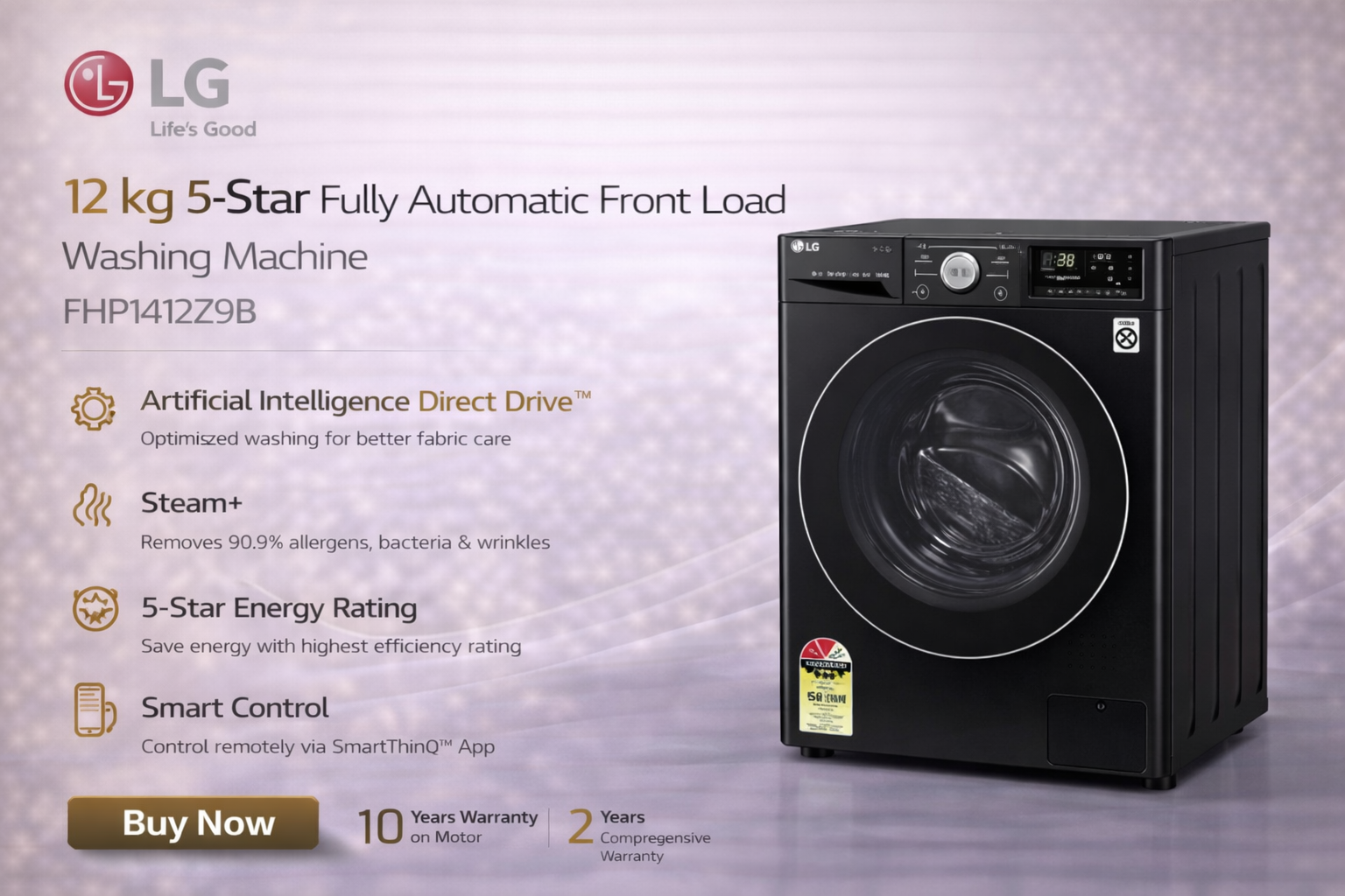 LG 12 kg 5-Star Fully Automatic Front Load Washing Machine (Model: FHP1412Z9B)