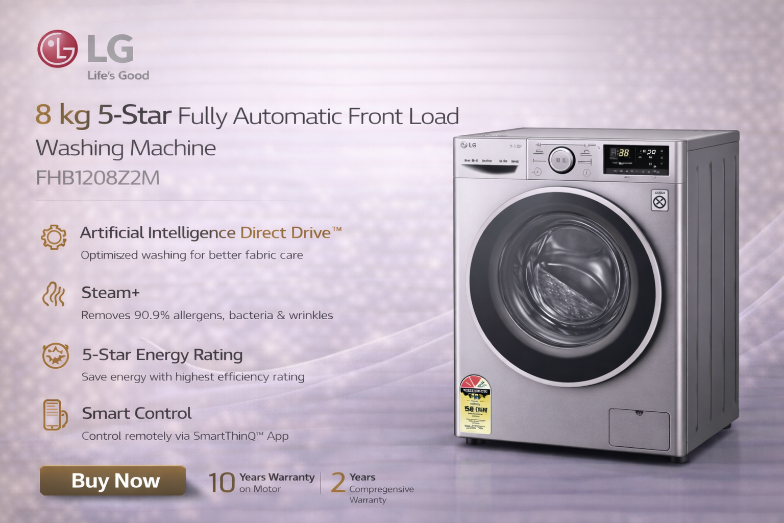 LG 8 kg 5-Star Fully Automatic Front Load Washing Machine (Model: FHB1208Z2M)
