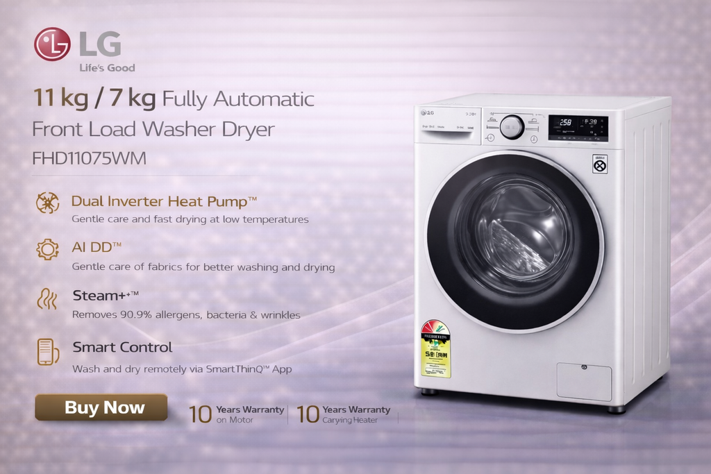 LG 11 kg / 7 kg Fully Automatic Front Load Washer Dryer (Model: FHD1107SWM)